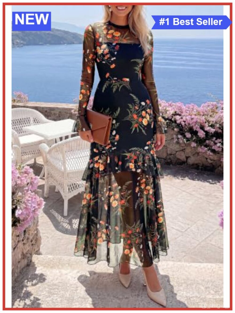 Elegant Long Sleeve Floral Maxi Dress Crew Neck A-Line Semi-Formal - Picture 2 of 6